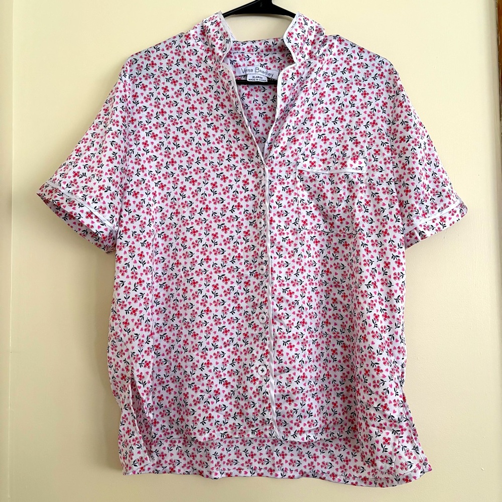 Vera Bradley Satin Floral Button Up Short Sleeve Pajama PJ Shirt Top White Pink
